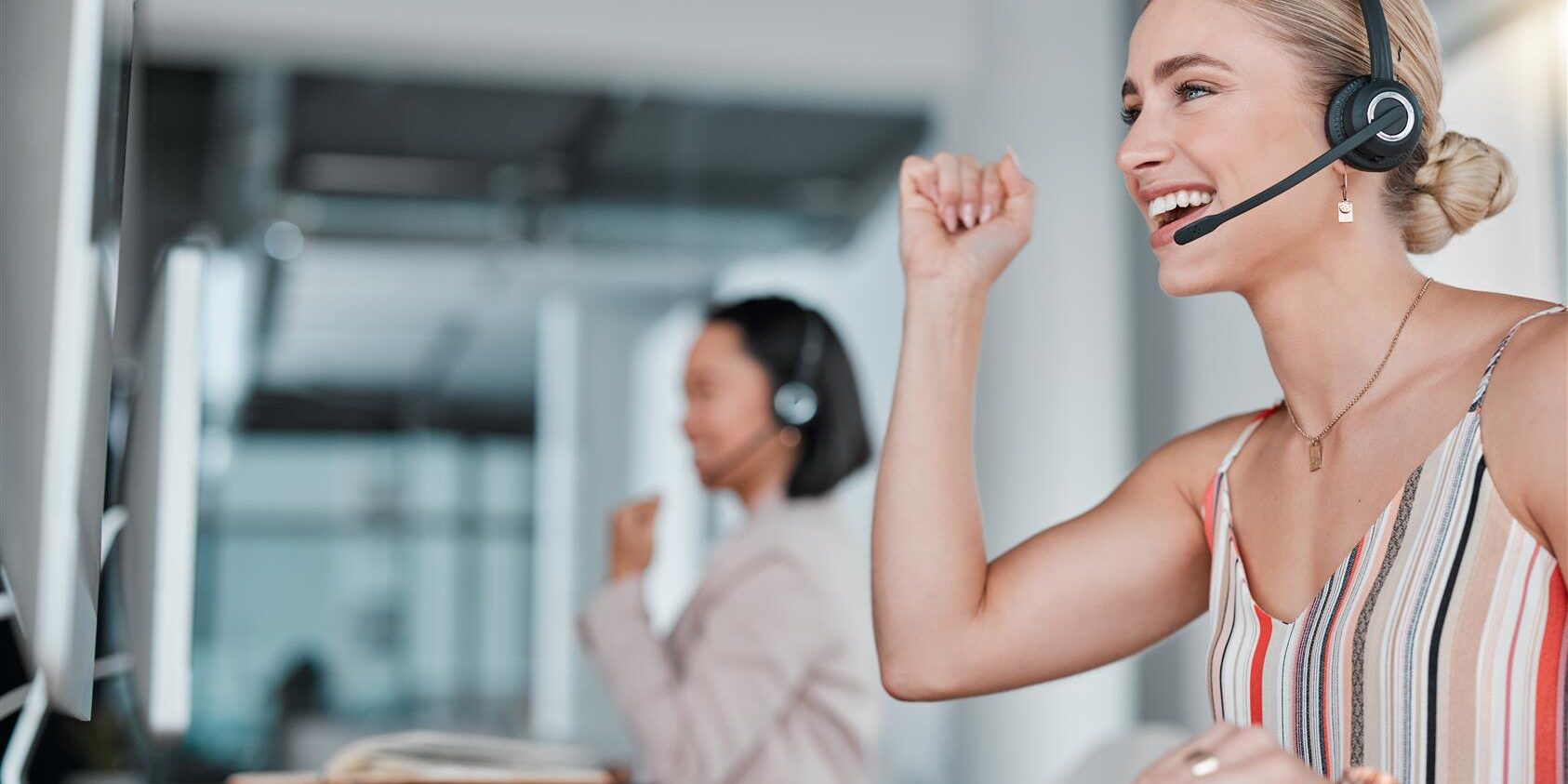 woman call center and celebration for winning pr 2025 04 06 04 27 11 utc woman call center and celebration for winning pr 2025 04 06 04 27 11 utc