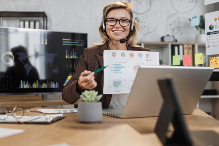 businesswoman presents data charts with headset at 2026 03 16 03 24 10 utc