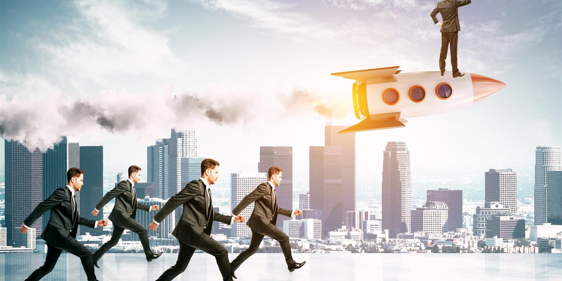 businessmen following leader on rocket on city bac 2026 01 11 08 41 48 utc